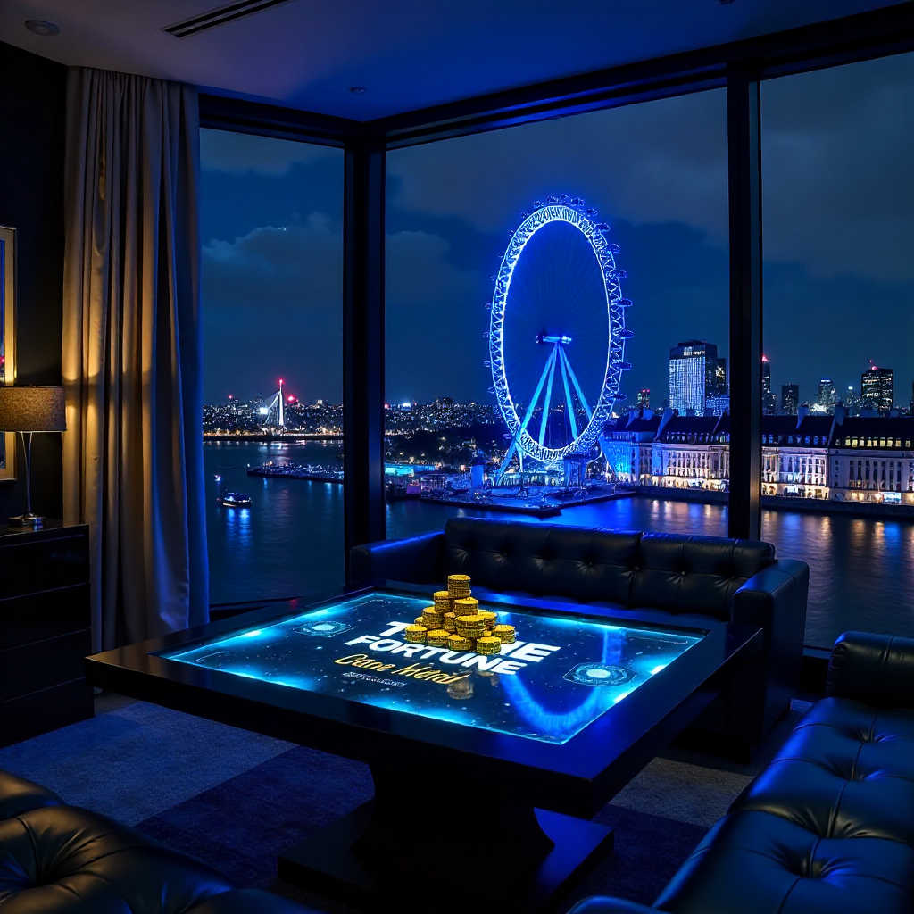 Ultra-luxury Mayfair penthouse interior at night with a panoramic view of the London Eye illuminated with royal blue neon lights, sleek futuristic furniture, a glowing True Fortune tablet on a dark marble table, floating 3D golden poker chips and royal bl